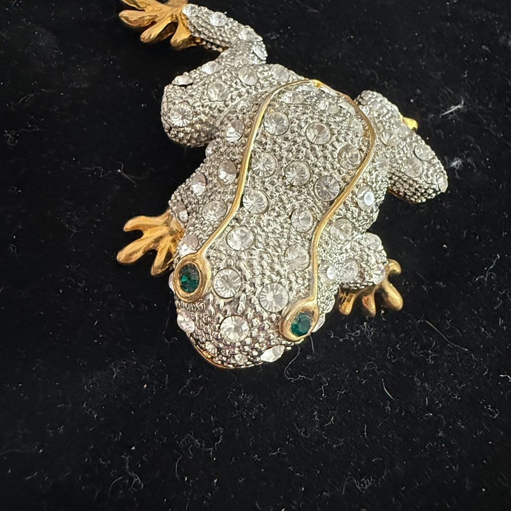 Vintage Gold & Silver Rhinestone Frog Brooch with Green Eyes